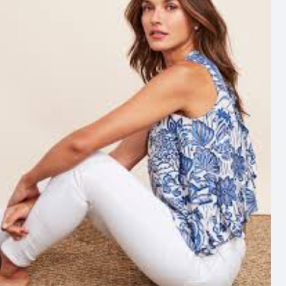 NWT Tuckernuck x Vineyard Vines collab blue & white block print ruffle tank L - Picture 1 of 12